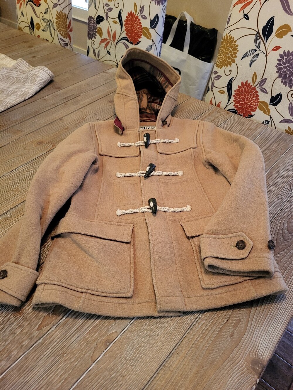 TNA Ladies Tan Hooded Duffle Coat with Toggle Closures